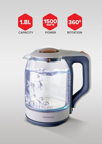 Olsenmark OMK2394 Illuminating Glass Kettle | Boil Dry Protection & Auto Shut Off | Fast Boil & Easy to Clean | Ideal for Hot Water, Tea or Coffee | 1.8L Cordless Kettle | 1500W