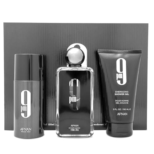 AFNAN Gift Set 9 PM Eau De Parfum 100 ML + Deodorant 150 ML + Shower Gel 150 ML, Perfume Gift Set For Men