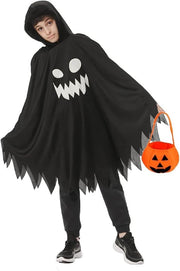 Halloween Ghost Costume, Glow in the Dark Ghost Cloak Halloween Spooky Trick-or-Treating with Pumpkin Bucket for Boys and Girls - Black