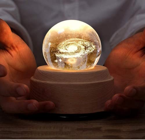 SKEIDO Projection LED Light 3D Crystal Ball Music Box Luminous Rotating Musical Galaxy Box Wood Base Best Gift For Birthday Christmas