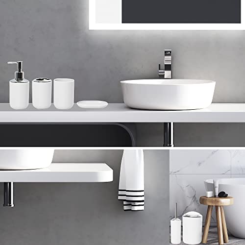 Bathroom Accessories Set Bath Ensemble Includes Soap Dispenser, Toothbrush Holder, Tumbler, Soap Dish for Decorative Countertop and Housewarming Gift (White)