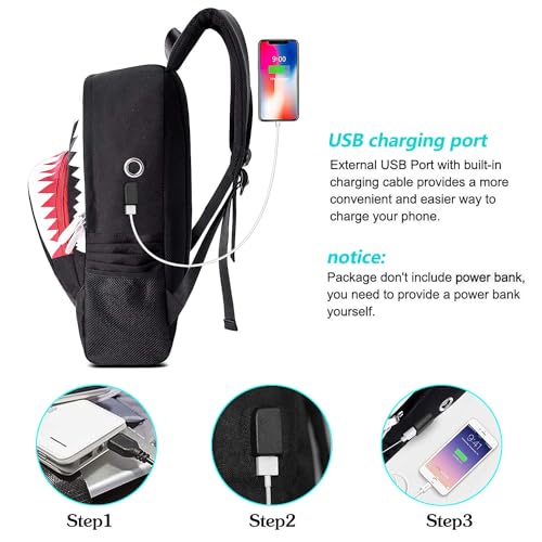 WVHTHVW Shark School Bag for Boys 12-14, Black Laptop Backpack for Boy, Noctilucent Cool Back Bag for Kids Back to School Travel (Black)