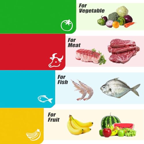 4Pcs Chopping Boards Cutting Board Multipurpose Colored Mats Anti-Skid Chopping Board Set Easy Hanging Boards with Colored Food Icons, Multipurpose, Dishwasher Safe Material (4 Colors)