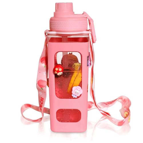 X spring Water Bottle for Girls, 700ml Portable Cute Kids Water Bottles with Straw, Large Capacity Square Drinking Bottle with Adjustable Shoulder Strap, Suitable for School and Travel Use