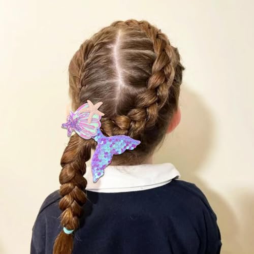 LAROKO Hair Clips for Girls, Aurora Sequins Mermaid Fish Tail Hairpin Starfish Sequin Hair Accessories, Multicolor Sparkling Hair Barrettes for Little Girls Toddlers Kids and Teens 6 Pcs