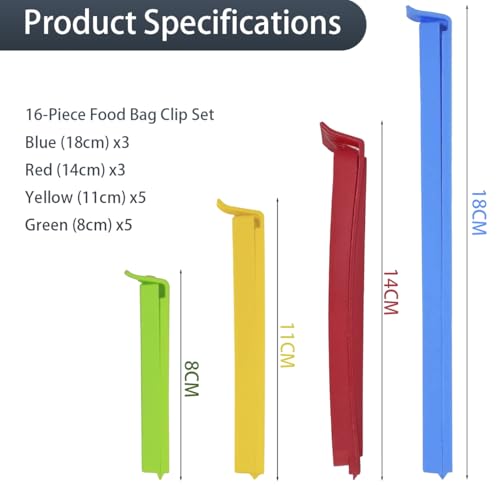 16Pcs Reusable Food Bag Clips for Food Storage in 4 Sizes and Colours,Food Bag Clips for Keeping Fresh,Food Clips for Freezer Bags, Pet Food,Sandwiches and Snacks Storage.