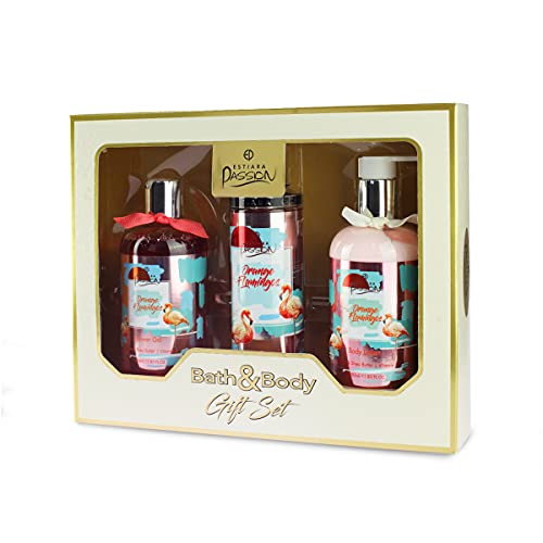 Estiara Passion Orange Flamingo Bath & Body 3 Piece Gift Set for Unisex - Orange Flamingo Body Lotion 350ML - Orange Flamingo Shower Gel 350ML - Orange Flamingo French Fragrance Mist 250ML - Giftset