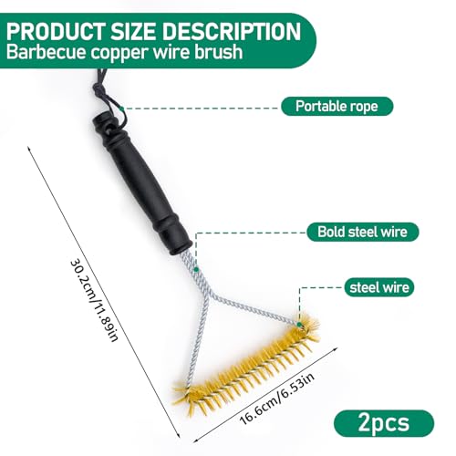 JLNGTHONG 2 Pieces Grill Brush, 12 Inch Non-Scratch Brass Bristles Grill Cleaning Brush, Wide Faced Spiral Barbeque Grill Accessories for Kitchen, Outdoor Grill
