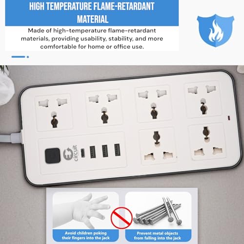 CIRCUIT GREEN Universal Extension Lead/Cord with Multiple Functions, UK 3-Pin Plug Socket with 6 Outlets | 3 USB Ports | 1 Type-C Cable Port, 2M Power Strip for Home, Kitchen, and Office (White)