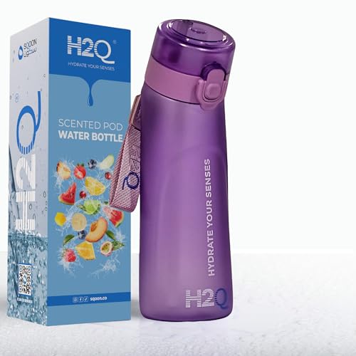 H2Q Water Bottle G2, 650ml Tritan Leakproof Flask, Matte Finish, BPA-Free, Lightweight with Detachable Strap, Air-Scent Hydration, Includes 1 Random Scented Pod (PURPLE)