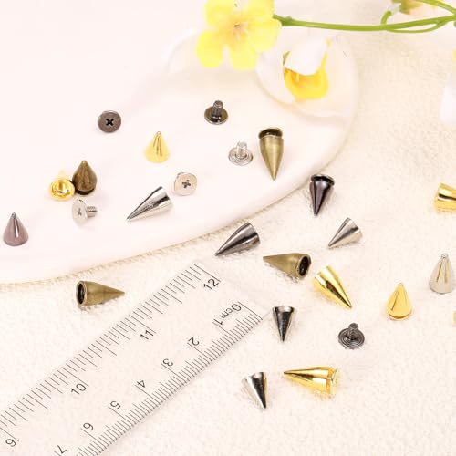 sourcing map 110 Sets Spikes and Studs, 7 x 13mm Cone Spikes Screw Back Studs Rivets, Cone Punk Spikes Rivet for Clothing Belts Bags DIY Leather Crafts, Gold