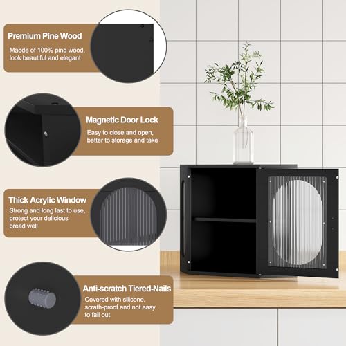 Alpeir Corner Bread Box, Solid Wood Double Layer Adjustable Large Capacity, Farmhouse Vintage Kitchen Countertop Organizer with Acrylic Window, Black