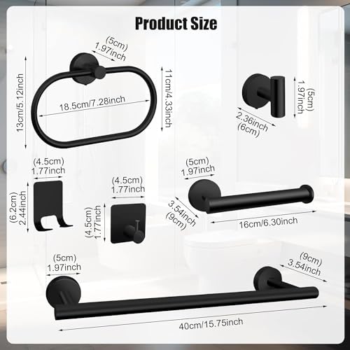 Sagreeny 7 PCS Bathroom Hardware Set, Matte Black Stainless Steel Bathroom Tower Rack Set Wall Mounted Includes 16" Towel Bar, Toilet Towel Paper Holder, Towel Ring, 4 Robe Towel Hooks