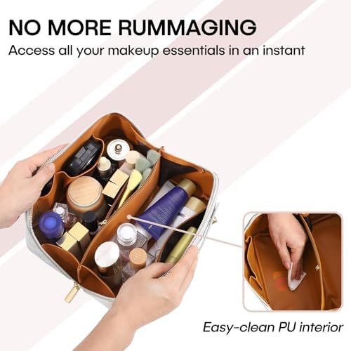 ALEXTINA Large Capacity Travel Cosmetic Bag - Portable Makeup Bags for Women Travel Toiletry Bag Waterproof Leather Checkered Makeup Organizer Bag, Roomy Cosmetic Bag for Women and Girls, Black,