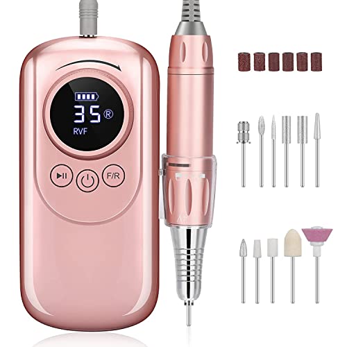 Rechargeable Nail Drill, Portable E File Nail Drill with Display Screen, 35000 RPM Professional Electric Nail File Kit with 11 Nail Drill Bits for Acrylic, Gel Nails Manicure Pedicure Polishing Shape
