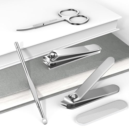 Azonee Stainless Steel Nail Clipper Kit, Personal Nail Care Tool Set, 5-Piece Nail Care Kit, Nail Clippers, Nail File, Eyebrow Trimming Scissors and Ear Pick, Nail Clipper Kit for Travel or Home
