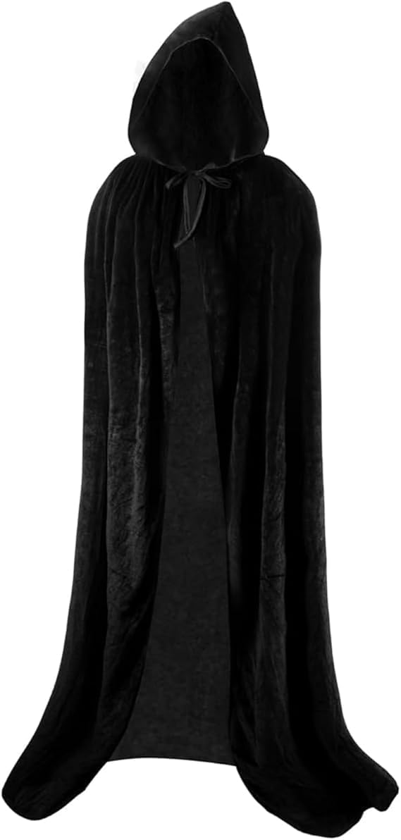 VUCATIN Kids Adult Death Scary Halloween Costumes, Black Halloween Grim-Reaper Costume Set, Velvet Hooded Cape Skull Face Mask Skeleton Hand Gloves Prop for Men Women - 1pcs 130cm