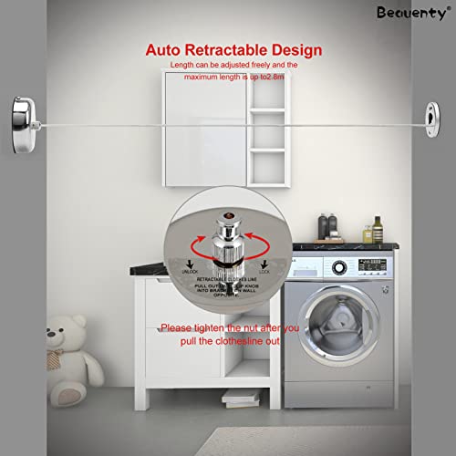 Beauenty Retractable Clothesline 304 Stainless Steel, Wall Mounted Clothes Dryer, Round and No Punching, Polished Chrome Finish, Heavy Duty Adjustable Nylon Rope (2.8M)