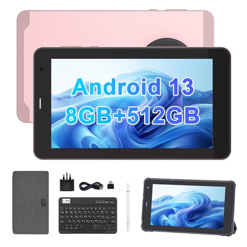 C idea 7 Inch Tablet,Android 13 Tablet,Quad Core Processor,8GB RAM 512GB ROM,512GB Expand,Dual Camera,Tablet with SIM, WiFi,Bluetooth,Case,StylusCM518 Pro (Pink)