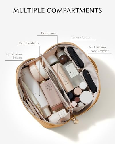 EACHY Travel Makeup Bag,Large Capacity Cosmetic Bags for Women,Waterproof Portable Pouch Open Flat Toiletry Bag Make up Organizer with Divider and Handle