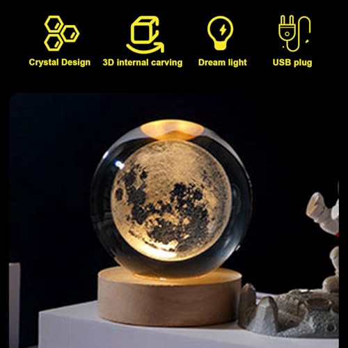 Wisfunlly 3D Crystal Ball Night Light, Moon LED Light with Wooden Base,USB 3D Moon Planets Solar System Universe Lamp for Home Decor Ornaments Birthday Gifts Moon Model(Moon)