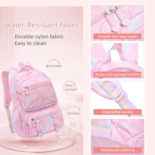 KASTWAVE Girls Backpack, Kids Backpack for Girls with Anti-theft Back Pocket, Lightweight School Backpack, Watrer Resistant, Bookbag for Elementary Primary School, Pink/L