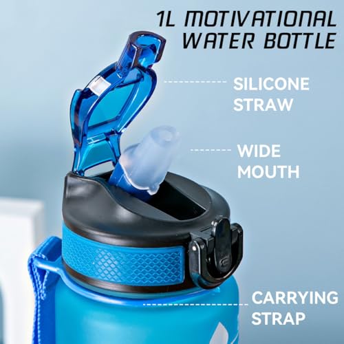 ECVV® 1L Motivational Water Bottle with Time Marker & Encourage Phrase - BPA Free, Leakproof Wide Mouth, Fast Flow Technology, Perfect for Daily Hydration(Blue Purple)