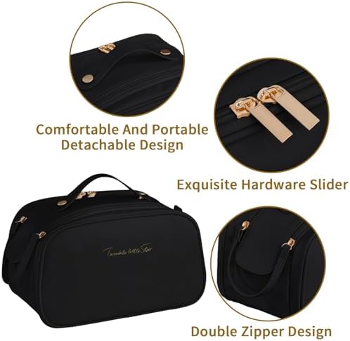 Ogetok Leather Makeup Bag for Women, Portable Travel Cosmetic Bags Zipper Make Up Pouch for Ladies Woman, Large Toiletry Organizer Bag for Toiletries Cosmetics Accessories, Black