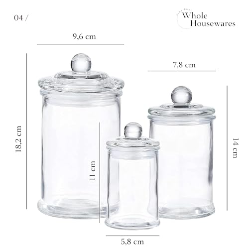 Whole Housewares | Set of 3 Bathroom Canisters - Storage Container Jars - Premium Glass Apothecary Jars with Lids - Small Glass Jars for Kitchen or Bathroom Storage - Decorative Crystal Containers