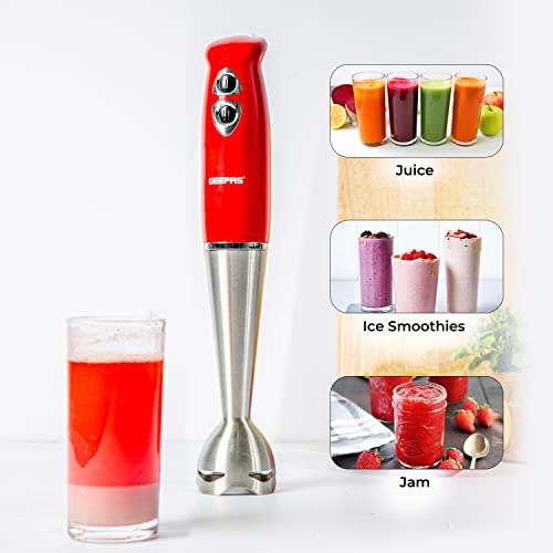 Geepas GHB6136 400W Hand Blender - Stainless Steel Blades with 2 Speed for Baby Food, Soup, Juice | 860ml Chopper Bowl & Electric Egg Whisk - 2 Years Warranty