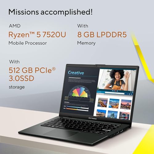 ASUS Vivobook GO 14 E140FA-NK185W (Mixed Black) Slim Laptop, R5 7520U 8GB 512GB PCIE G3 SSD, AMD Radeon, WIN11 HOME, 14-inch, HD Webcam, Fingerprint, Eng-Arb-Keyboard.