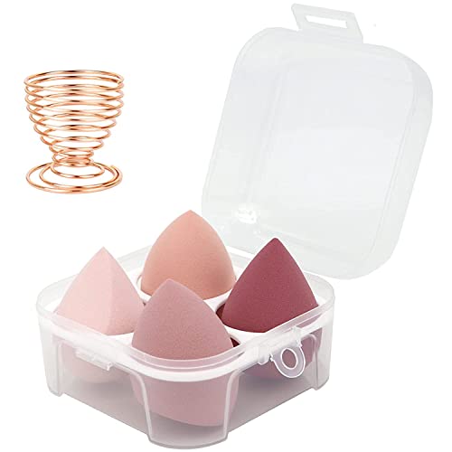 Wawasia 4 Pcs Professional Beauty Makeup Sponges Blender Set With Spring Holder And Storage Case, Foundation Blending Blender Flawless for Cream, Powder and Liquid, Pink