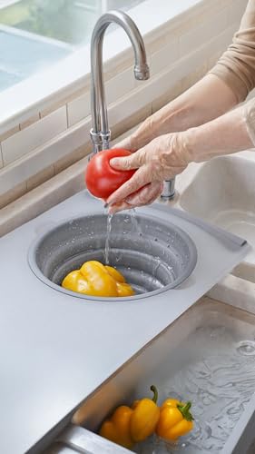 Chopping Board Set, Multi-Use Cutting Board & Strainer, Over-the-Sink or Tabletop, Includes Detachable Foldable Washing Basket Colander, Easy-Store Design for Space Efficiency