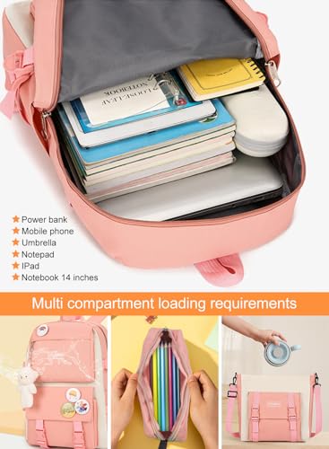 School Bag for Girls, 4Pcs Cute Backpack Set with Pendant Lunch Bag, Pencil Case, Handbag, Coin Purse for Teen Girls School Backpack