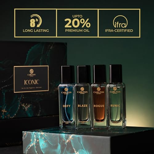 Carlton London Iconic Men Perfume Gift Set | Long-Lasting Woody & Citrusy Fragrances | thoughtful gifts for men | Defy, Rogue, Blaze & Runic EDP (4x20ml) | perfume for men.