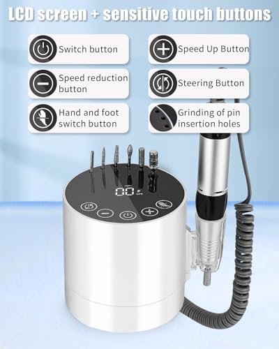 Electric Nail Drill File, 35000 RPM Electric Nail Files Adjustable Speed, Professional Nail Files for Acrylic and Gel Nails, Electric Manicure Pedicure Kit with LCD Display Touchscreen Buttons (White)