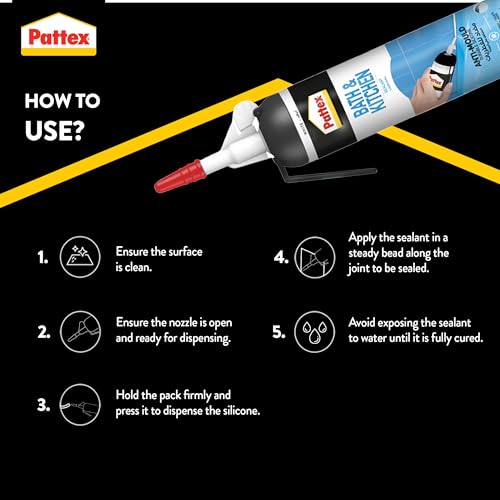 Pattex Sanitary Antimould White Pressure Pack, For Indoor Sealing, Ideal For Bathroom & Kitchen, Waterproof And Mould Resistant. Easy To Use Sealant,White, 1X200ml Pressure Pack,2751638