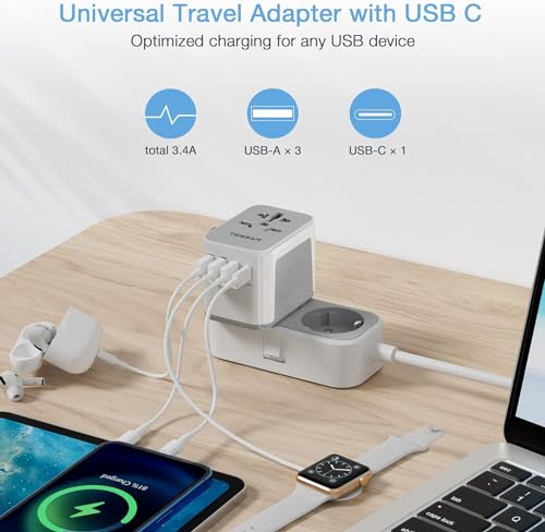 TESSAN International Plug Adapter, Universal Power Adaptor with 4 USB Ports (1 USB C), Worldwide Travel Essentials Wall Charger for USA to Europe France Germany Spain Ireland Australia(Type C/G/A/I)