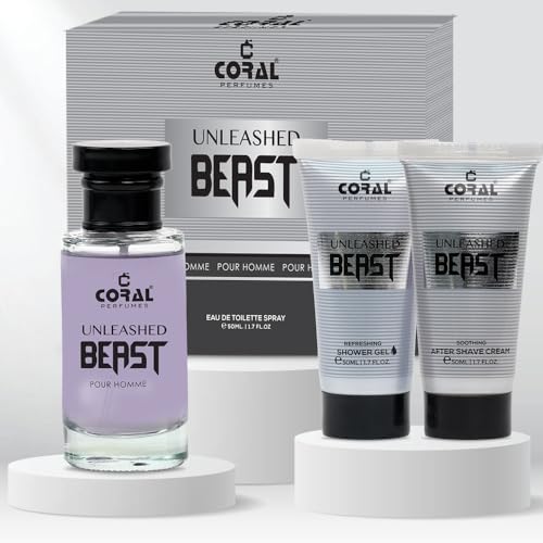 Coral Unleashed Beast Pour Homme Gift Set For Men | Eau De Toilette, After Shave Cream & Shower Gel (50ml Each) | Bold & Invigorating Fragrance