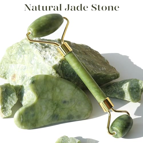 BAIMEI Jade Roller & Gua Sha, Face Roller, Facial Beauty Roller Skin Care Tools, Self Care Gift for Men Women, Massager for Face, Eyes, Neck, Relieve Fine Lines and Wrinkles - Green