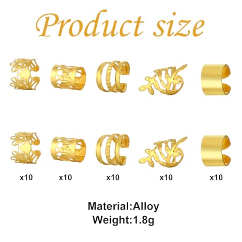 Prasacco 50 Pieces Gold Hair Jewelry for Braids, Dreadlocks, and Locs - Metal Rings, Cuffs, Clips Accessories Decorations for Women and Girls
