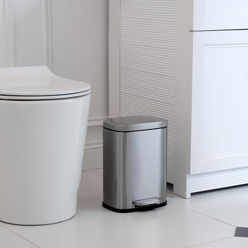 Amazon Basics Smudge Resistant Rectangular Trash Can With Soft-Close Foot Pedal, Brushed Stainless Steel, for Bathroom & small space, 5 L /1.32 Gal, Satin Nickel Finish, 7.3x8.5 x11.8 in (LxWxH)