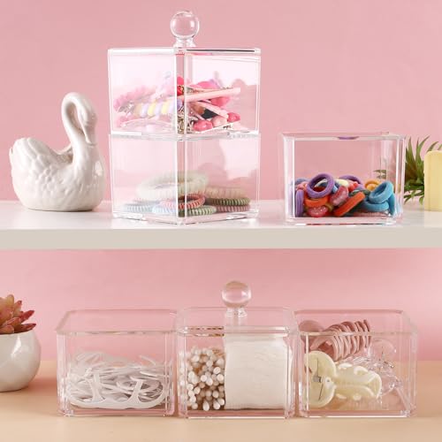 BLVRYVIO Hair Accessories Organizer, Bathroom Containers for Headbands, Bows, Ties, Tools, Scrunchies, Cotton Swab Organization - Clear 3 Stackable Acrylic Holder With Lids