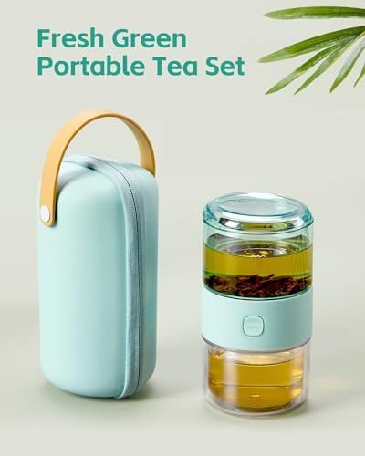 ZENS Travel Tea Set,Tritan Portable Teapot Infuser Set for One with 200ml Double Walled Teacup for Loose Tea,To Go Light Green Travel Case for Office or Homeworking Daily Tea