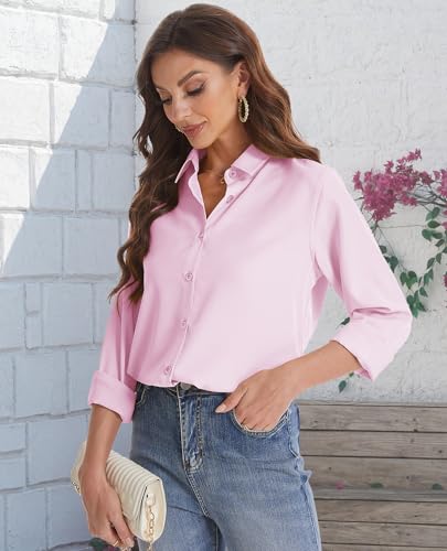 J.VER Womens Button Down Shirt Long Sleeve Solid Dress Shirts Chiffon Work Office Blouse Fashion Basic Business Formal Tops
