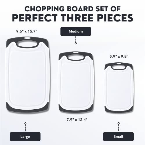 WONDER-BLED Reversible Cutting Board Set of 3, Plastic Chopping Board for Kitchen, BPA Free Food Safe PP Material, Non-Slip Design with Easy Grip Handle, Juice Grooves, Dishwasher Safe (White)