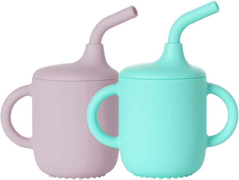 JZS Silicone Sippy Cup, 2 Pack Sippy Cups with Handles Training for Baby 6 months+ Soft with Straw Spill Proof Cups Toddlers Handles and Spout Lid Easy Grip 5oz