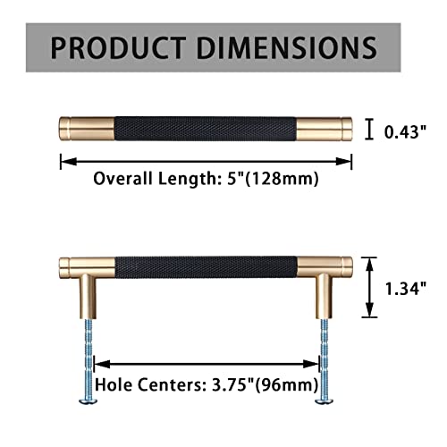 GTKHAAPPY Cabinet Handles 2-Pack 5'' Modern Black & Gold Aluminum Cabinet Pulls Knurled Diamond Pattern Drawer Hardware for Kitchen Cupboard Door and Bathroom (3.75" Hole Center)