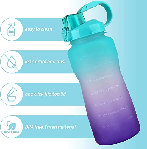 MahMir Large 2 Liters 64Oz BPA Free Multicolor Water Bottle - Leak Proof With Straw, Motivational Quote And Time Marker, Anti Slip For Sports,Fitness, Gym,Outdoor, Picnic, Office (Blue)