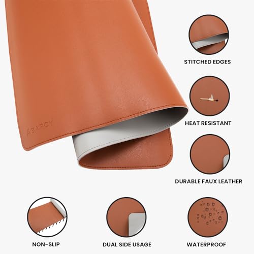 Abarcy Dual-Sided Leather Mouse Pad - 2XL Waterproof Desk Mat, 80x40 cm, Non-Slip, Stitched Edges, Multi-Use, Gaming & Office Mousepad - Brown & Grey, Portable, Ergonomic Design for Smooth Movement